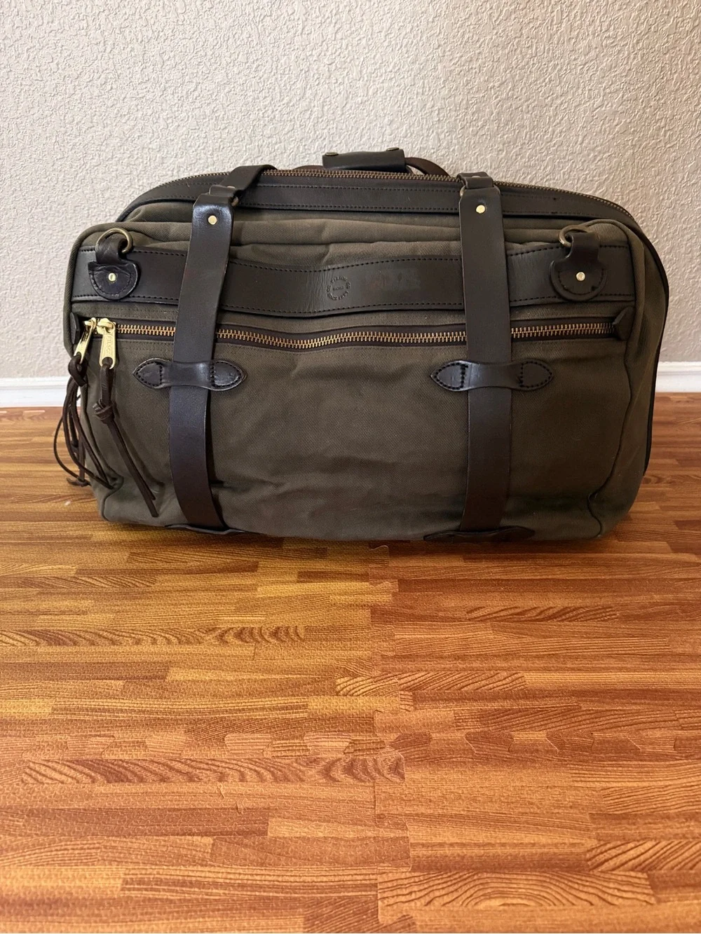 Filson Large Olive Green Canvas Duffel with Dark Brown Leather Trim